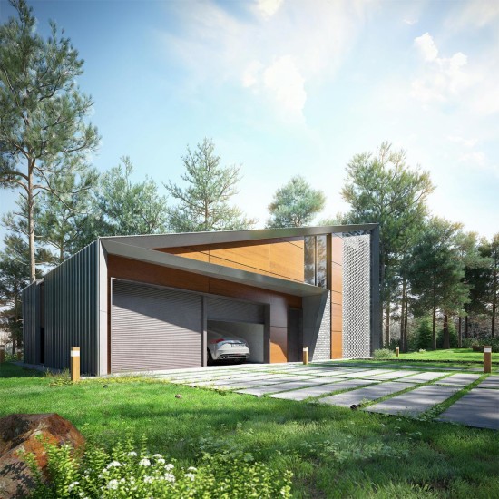 Дом нестандартной формы из дерева с гаражом