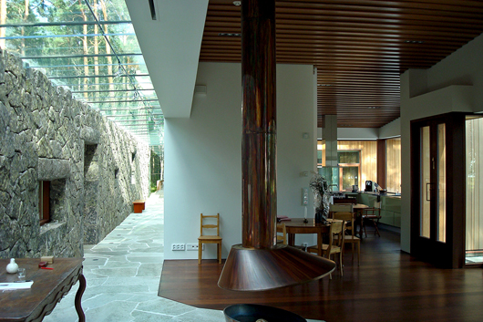 Подвесной камин в интерьере с использованием дерева